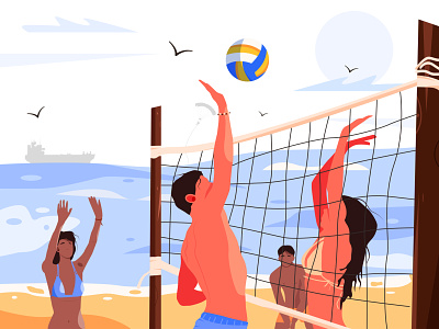 The illustration depicts people who play volleyball. active ball beach cartoon character female fitness friends fun game happy illustration man net person sand sport summer team volleyball