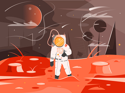 The illustration shows an astronaut on the planet. alien astronaut astronomy cartoon cosmic cosmonaut cosmos drawing earth explore galaxy gravity helmet illustration moon planet science space spaceship universe