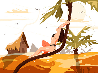 The illustration depicts a girl who lies on a palm tree. attractive beach bikini enjoying girl illustration palm palm tree person posing relax sexy silhouette sitting smile summer sunbathing vacation woman young