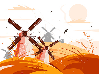 The illustration shows a mill in a field agriculture architecture blue dutch energy farm field flour grain holland illustration mill old power propeller rural traditional turning wind windmill