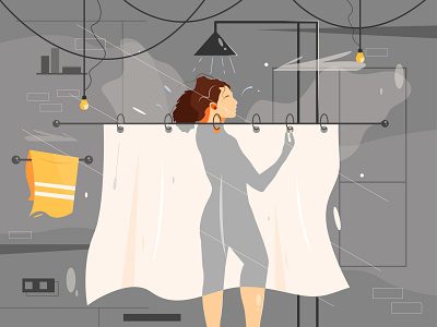 The illustration shows a girl who washes herself in the shower.