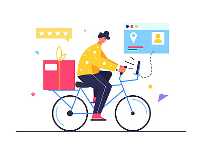 Delivery of goods by bike background bicycle bike boy business cartoon courier cyclist express fast goods illustration internet man order person service shipping transportation vector