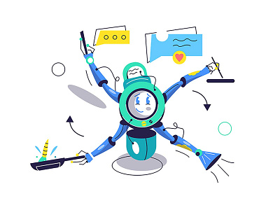 Robot assistant in all matters assistance assistant background bot cartoon communication computer design flat help icon illustration interaction internet modern robot smart technology vector virtual