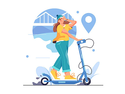 Girl on a scooter activity art background business cartoon design female fitness girl illustration isolated lifestyle person ride scooter sport technology vector woman young