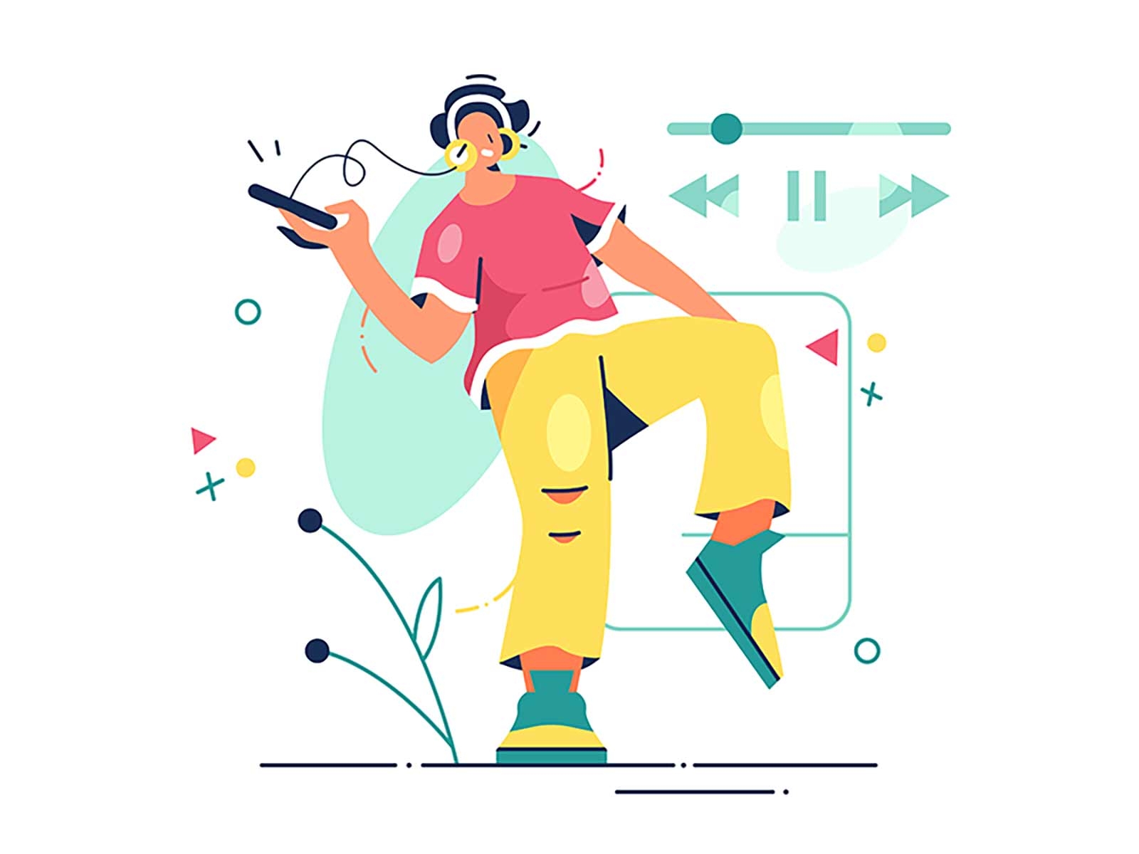 Music adult concept entertainment flat fun guy hand headset illustration joy leisure listen music person relax relaxation smartphone style vector weekend