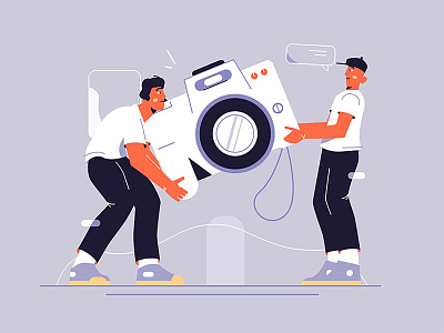 Movers and camera camera cargo carry device digital flat gadget guy heavy illustration man memorable moment movers photo photocamera style tech technology vector