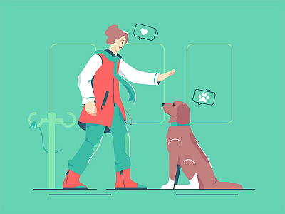 Mistress with a dog animal behavior command connection dog domestic female flat fluffy gesture illustration love mistress owner pet puppy style train vector woman