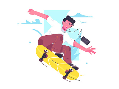 On a skateboard background cartoon character design graphic design illustration person skate ui vector