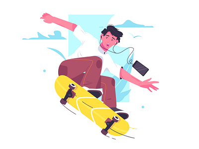 Young man ride skateboard on street background branding business cartoon design illustration logo person smartphone ui vector