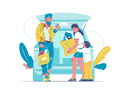 The family arrived and unloads the car app background branding business cartoon design flat hand illustration internet logo man person technology ui ux vector woman