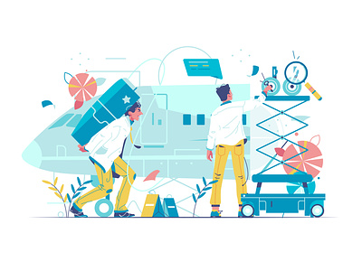 Industrial workers engineers repair or build airplane vehicle app background branding business cartoon design flat hand icon illustration internet logo man person technology typography ui ux vector