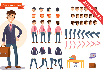 Businessman Vector Animation Set animation arm body business cartoon character creation design emotion face flat head illustration isolated male man people person set vector