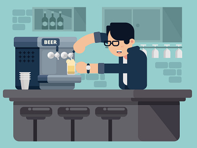 Bartender beer pumping vector Illustration