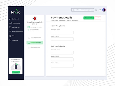 User account payment information dashboard