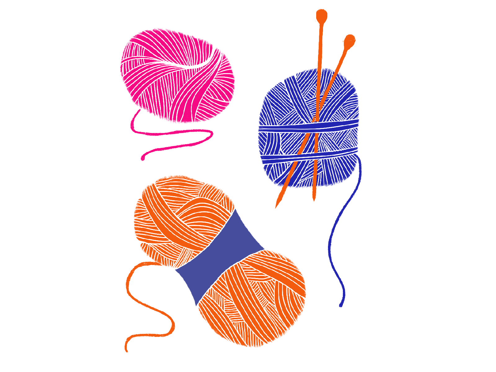 Balls of Yarn blue bold colors graphic design illustration knitting linocut style orange pink yarn