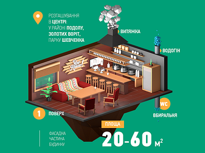 Rent Infographic bar cafe chair house interior isometric low poly rent sofa window