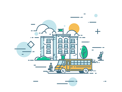 School building bus clouds flat frame house illustration line pupils school style tree