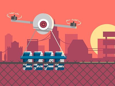 Drone city drink drone energy fence flat fly illustration sunset