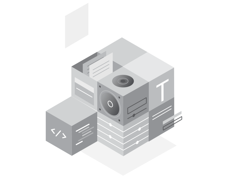 Assemble a team cube code fonts data speaker digital animation motion illustration isometric
