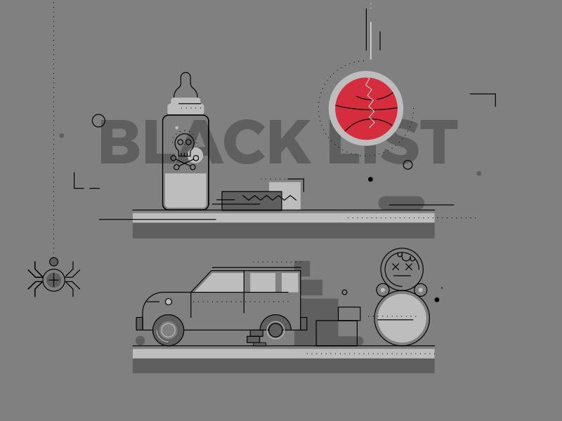Black List poison bottle car ball spider line childish toy illustration flat blacklist