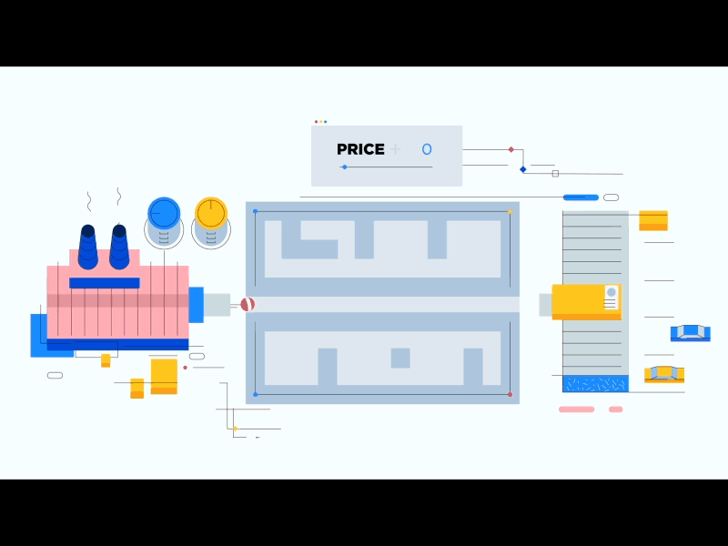 Price Formation explainer simple blockchain price ball labyrinth factory line flat animation