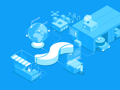 Shopwave automation bicycle box curves globe illustation isometric retail simple truck vector