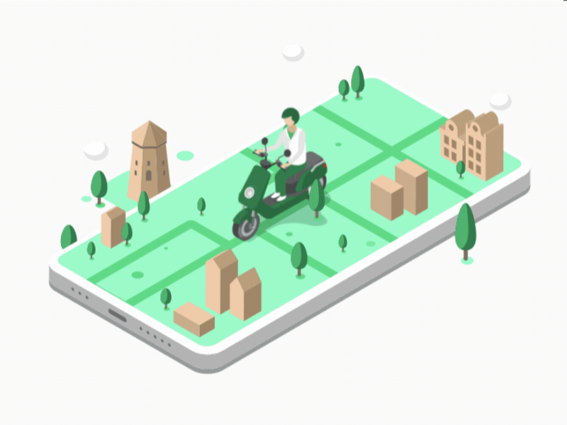 Scooter sharing amsterdam animation app illustration isometric json lottie phone scooter vector