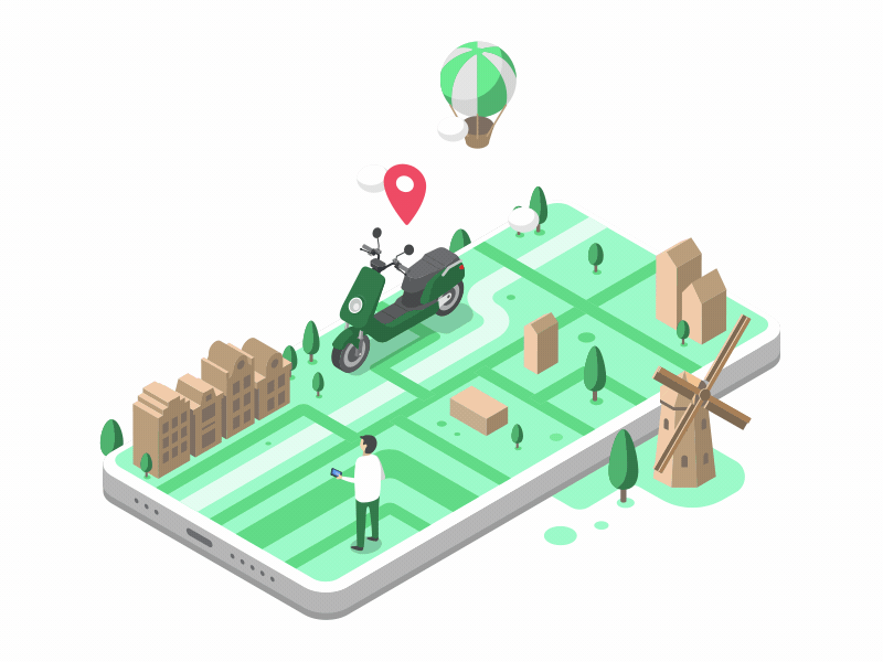 Scooter sharing amsterdam animation app clouds geolocation illustration isometric json lottie phone rotterdam scooter vector