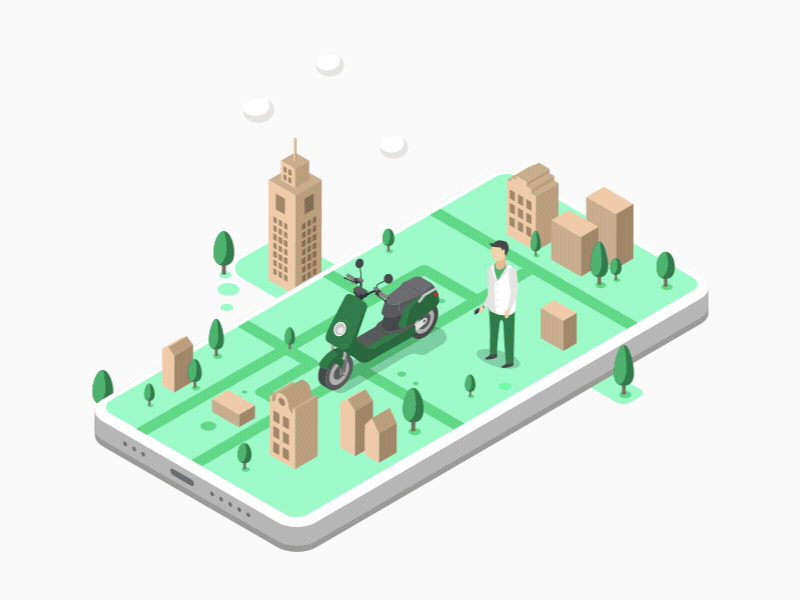 Scooter sharing animation app bike character city clouds illustration isometric json lottie mobile phone vector