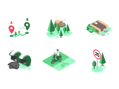 Scooter sharing icons bike character geo location helmet illustration isometric road tree vector wallet