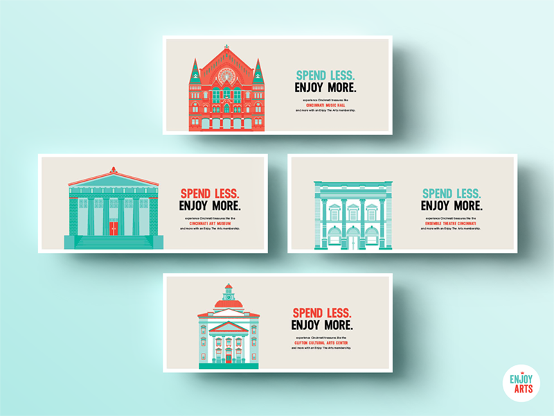 Enjoy The Arts Illustrated Postcards illustration icon postcard architecture cincinnati turquoise red nonprofit cultural arts