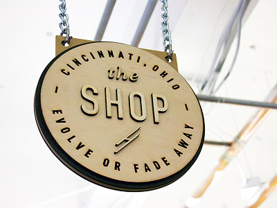 "The Shop" Hanging Sign cincinnati hanging laser cut lasercut layered lettering sign typography wood