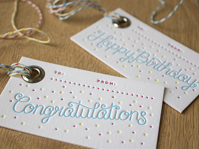 Letterpress Gift Tags! confetti congratulations gift happy birthday lettering letterpress monoline present tag