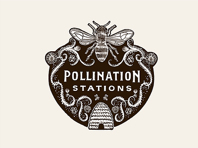 Pollination Stations bee flower hand drawn honey honeybee illustration logo pollination skep vine woodcut