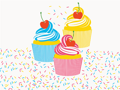 Cupcakes! bright cherry cmyk cupcake cupcakes design dessert frosting geometric illustration sprinkles vector