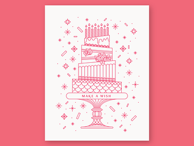 Make a Wish birthday birthday card cake candles card confetti frosting greeting card happy birthday icing icon illustration layer cake linework monoline rosette tier