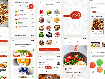 Savory - All Screens app branding clean design flat food food mobile app ios logo mobile recipes shopping cart typography ui ux vector