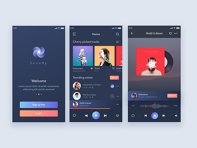 Soundy Mobile Music App app branding buttons clean dark design gradient ios logo mobile music app music app song ui user ux