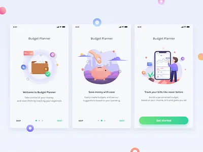 Onboarding Budget Planner app budget currencies dashboard design finance financeapp gradients graph illustration interface ios mobile money onboarding sign in slides vector