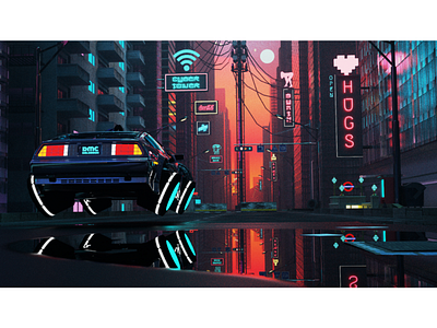 Cyber City cyberpunk delorean design environment neon