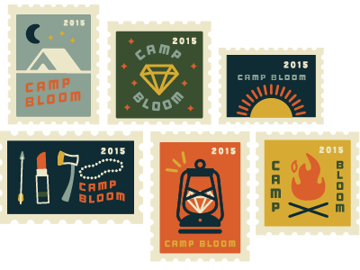 Camp Bloom Stamps arrow axe badges camping diamond fire glamping icons lamp lipstick stamps sun