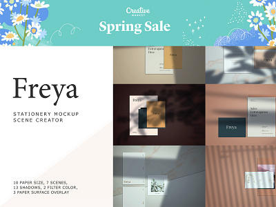 Spring Sale Freya Mockup Kit Scene Creator branding flyer illustration mockup mockup kit photoshop presentation psd sale scene creator shadows spring stationery template