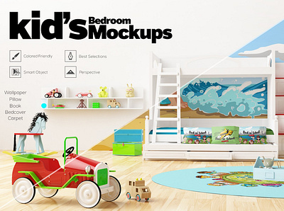 Kids Bedroom Set Interior Mockups 3dsmax bedroom branding cinema4d graphic design illustration interior kids minimal mockup mockups modern render