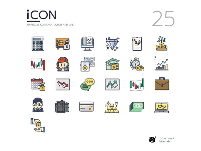 25 Financial Currency Color and Line web set icon illustration ui vector web