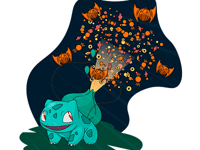 Bulbasaur selebrate halloween 2d anime autumn bat branding candy cartoon design flat halloween holliday illustration leaf logo pikachu pokemon pokemon go pumpkin sweets