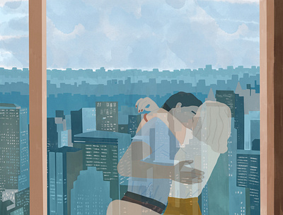 love story city digital drawing editorial illustration new york office procreate reflection web window