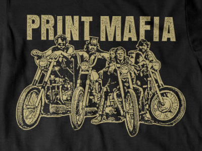 Print Mafia Promo T-Shirt biker gang black found image gold motorcycle print mafia screen print shirt sleaze texture type vintage