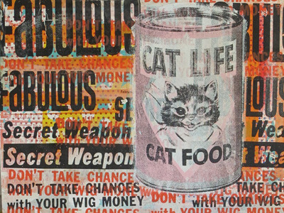 The Secret Life of Cat Food ad advertising black can cat cat food found image ink kitty orange paint phrase pink print mafia screen print texture wood
