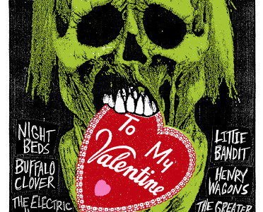 Apocalyptic Love Show Poster bands black death found image green heart ink love paint paper photo pink print mafia red screen print scruff teeth texture zombie