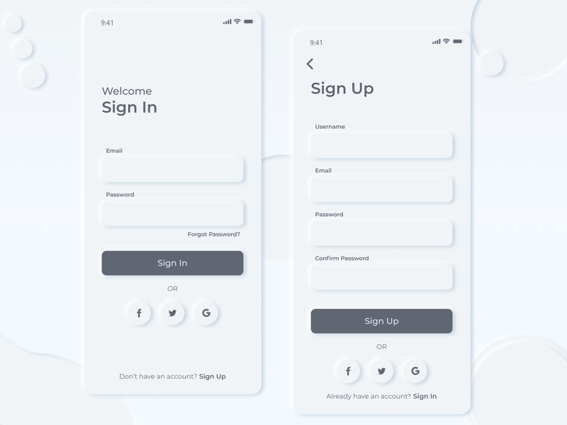 Neomorphism sign In and sign up by Dominic Eburuoh on Dribbble